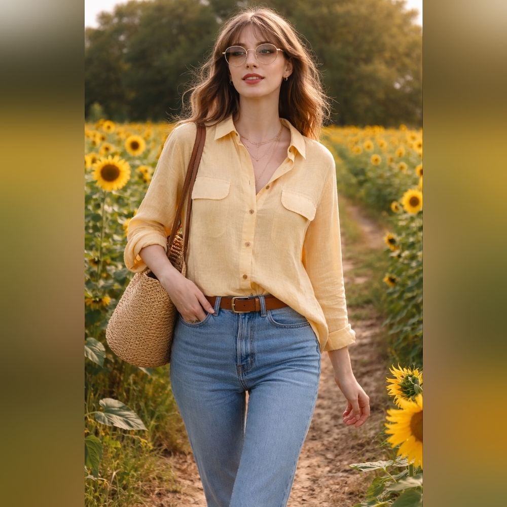 RFT Rainforest Women Linen Butter Yellow Resortwear Summer Flowy  Tunic Top L